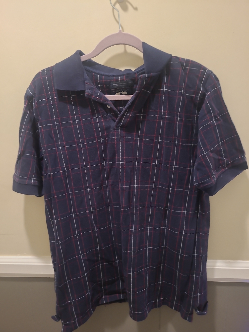 Vintage Woods & Gray 100% cotton polo shirt Navy Red Checkered XL Short Sleeve